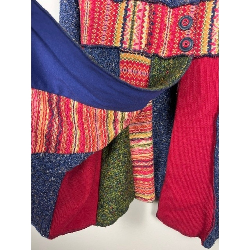 Handmade Upcycled Wool Patchwork Fair Isle Longline Cardigan Jacket Blue Red - Picture 7 of 8